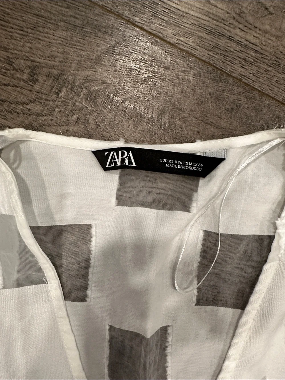 Zara White Sheer Square-Pattern Button-Up Blouse